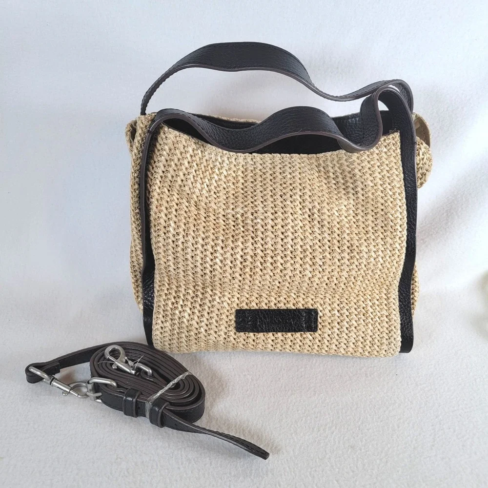 American Leather Co Womens Satchel Raffia Woven Straw Hand Bag Medium Tan Black